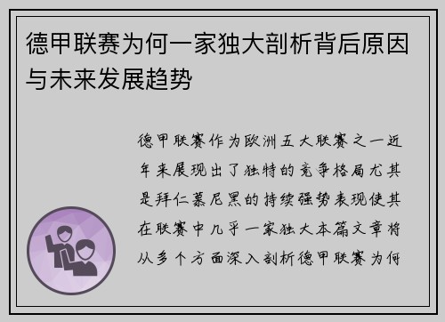 德甲联赛为何一家独大剖析背后原因与未来发展趋势