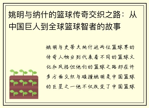 姚明与纳什的篮球传奇交织之路：从中国巨人到全球篮球智者的故事